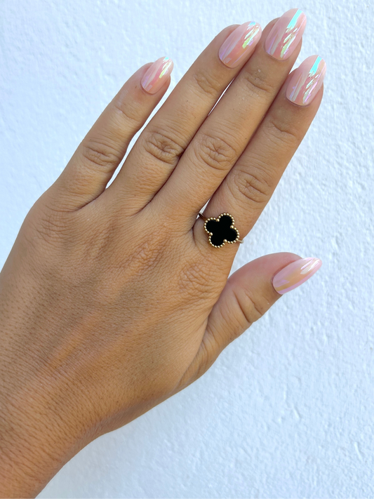 Bague EVA trèfle noir en acier inoxydable doré